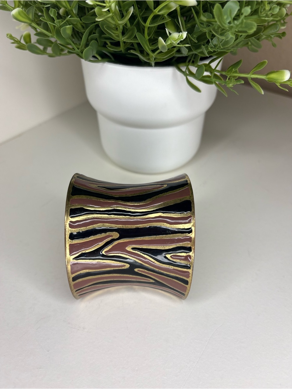 Vintage Zebra Stripe Enamel Cuff Bracelet Brass Animal Print Statement